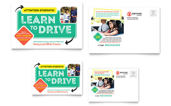 Driving School Postcard Template Design - InDesign, Illustrator, Word, Publisher, Pages, QuarkXPress, CorelDraw