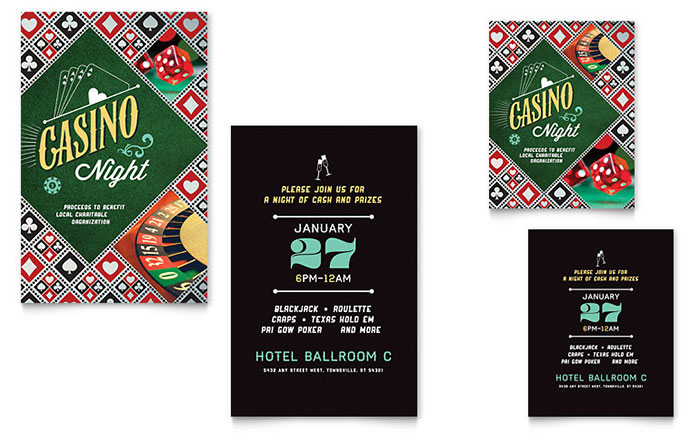 Casino Night Note Card Template Design - InDesign, Illustrator, Word, Publisher, Pages, QuarkXPress, CorelDraw