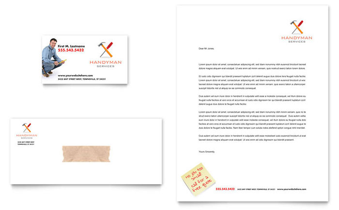 Handyman Services Business Card & Letterhead Template Design - InDesign, Illustrator, Word, Publisher, Pages, QuarkXPress, CorelDraw