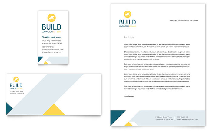 Contractor Business Card & Letterhead Template Design - InDesign, Illustrator, Word, Publisher, Pages, QuarkXPress, CorelDraw