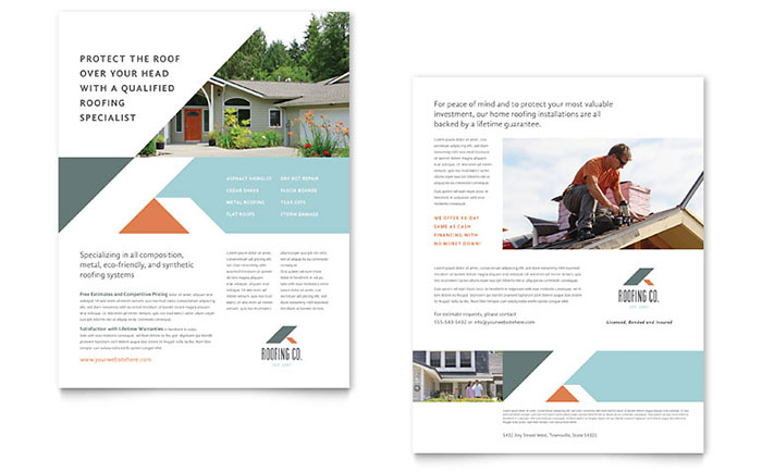 Roofing Company Datasheet Template Design - InDesign, Illustrator, Word, Publisher, Pages, QuarkXPress, CorelDraw