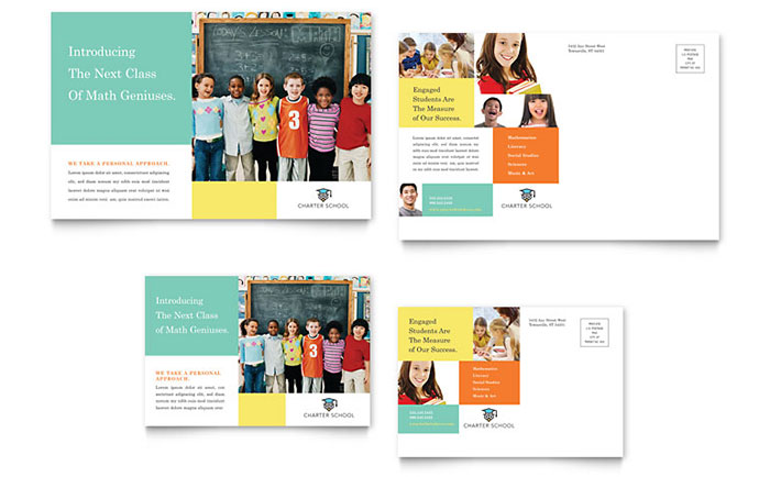 Charter School Postcard Template Design - InDesign, Illustrator, Word, Publisher, Pages, QuarkXPress, CorelDraw