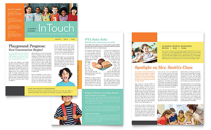 Charter School Newsletter Template Design - InDesign, Illustrator, Word, Publisher, Pages, QuarkXPress, CorelDraw