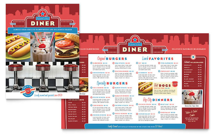 American Diner Restaurant Menu Template Design - InDesign, Illustrator, Word, Publisher, Pages, QuarkXPress, CorelDraw