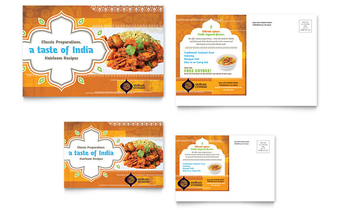 Indian Restaurant Postcard Template Design - InDesign, Illustrator, Word, Publisher, Pages, QuarkXPress, CorelDraw