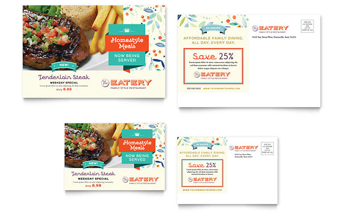 Family Restaurant Postcard Template Design - InDesign, Illustrator, Word, Publisher, Pages, QuarkXPress, CorelDraw