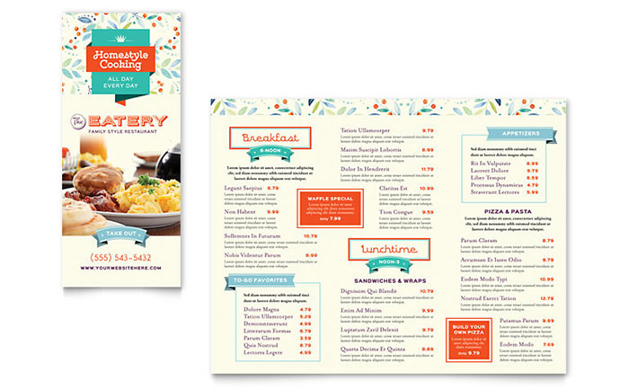 Family Restaurant Take-out Brochure Template Design - InDesign, Illustrator, Word, Publisher, Pages, QuarkXPress, CorelDraw