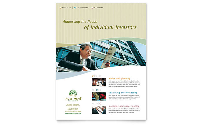 Investment Management Flyer Template Design - InDesign, Illustrator, Word, Publisher, Pages, QuarkXPress, CorelDraw