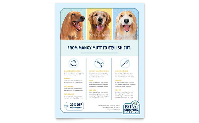 Pet Grooming Service Flyer Template Design - InDesign, Illustrator, Word, Publisher, Pages, QuarkXPress, CorelDraw