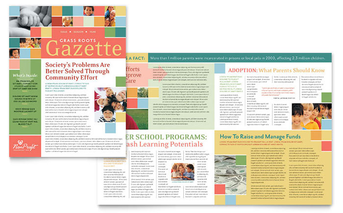 Non Profit Association for Children Newsletter Template Design - InDesign, Illustrator, Word, Publisher, Pages, QuarkXPress, CorelDraw