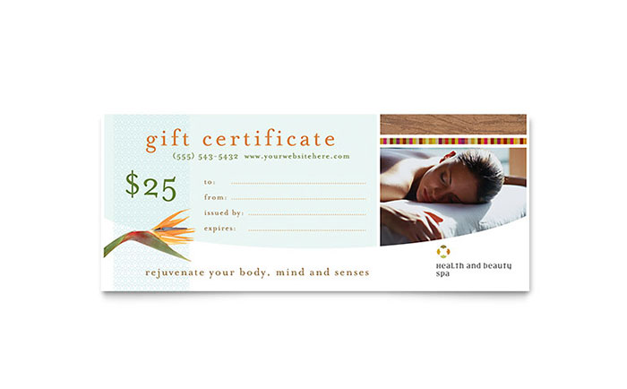 Health & Beauty Spa Gift Certificate Template Design - InDesign, Illustrator, Word, Publisher, Pages, QuarkXPress, CorelDraw