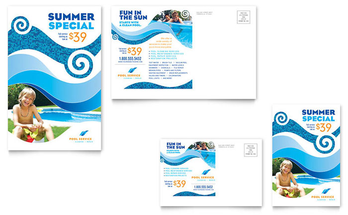 Swimming Pool Cleaning Service Postcard Template Design - InDesign, Illustrator, Word, Publisher, Pages, QuarkXPress, CorelDraw