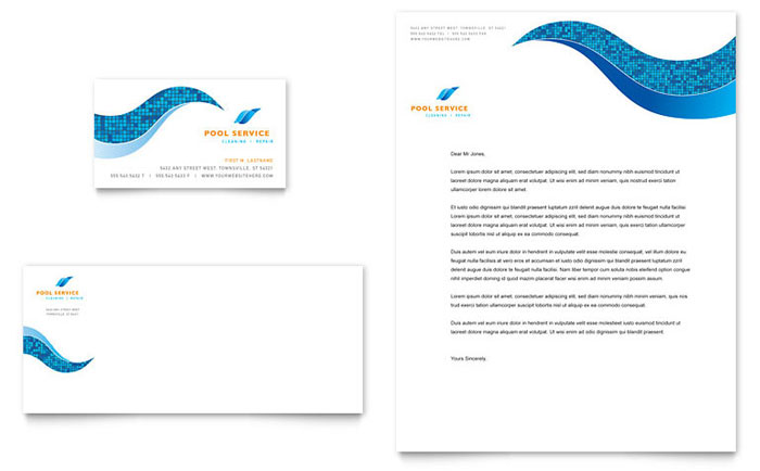 Swimming Pool Cleaning Service Business Card & Letterhead Template Design - InDesign, Illustrator, Word, Publisher, Pages, QuarkXPress, CorelDraw