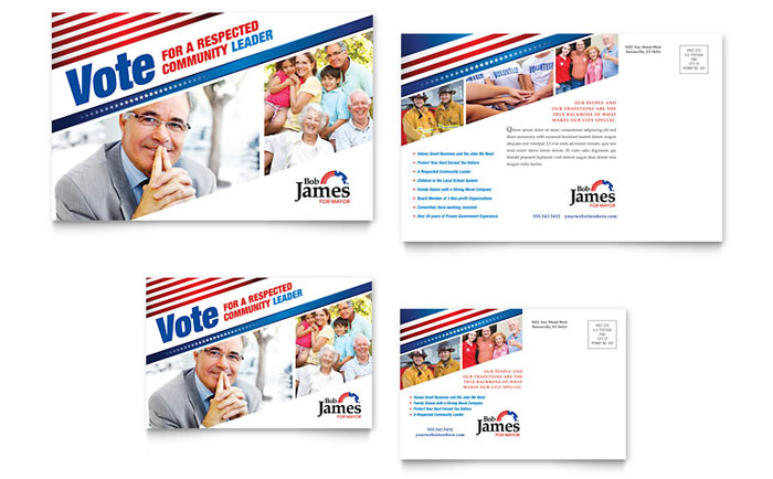 Political Campaign Postcard Template Design - InDesign, Illustrator, Word, Publisher, Pages, QuarkXPress, CorelDraw