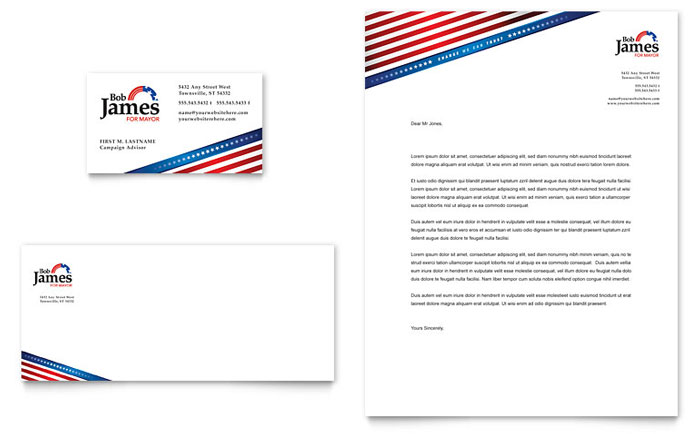 Political Campaign Business Card & Letterhead Template Design - InDesign, Illustrator, Word, Publisher, Pages, QuarkXPress, CorelDraw