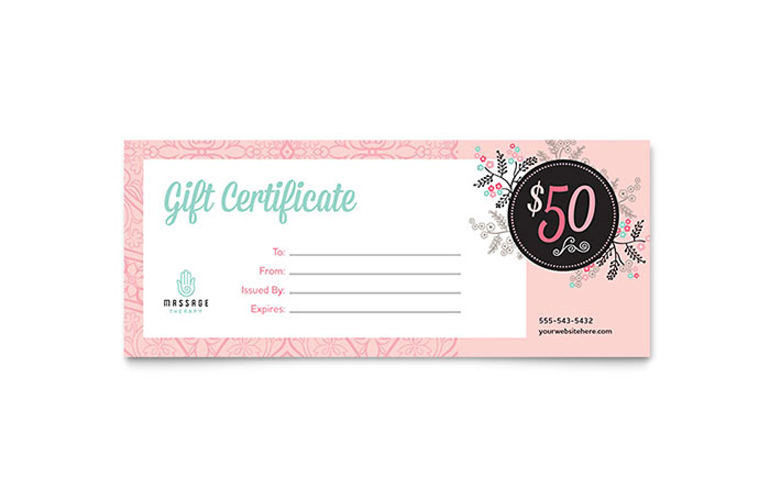 Massage Gift Certificate Template Design - InDesign, Illustrator, Word, Publisher, Pages, QuarkXPress, CorelDraw