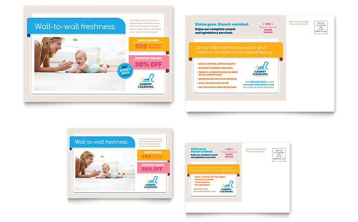 Carpet Cleaning Postcard Template Design - InDesign, Illustrator, Word, Publisher, Pages, QuarkXPress, CorelDraw