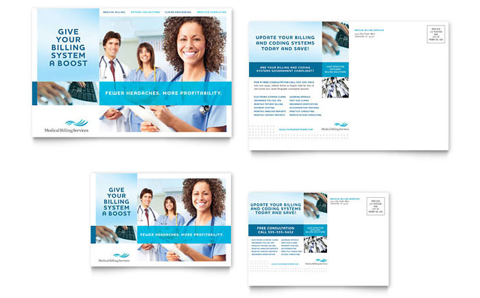 Medical Billing & Coding Postcard Template Design - InDesign, Illustrator, Word, Publisher, Pages, QuarkXPress, CorelDraw