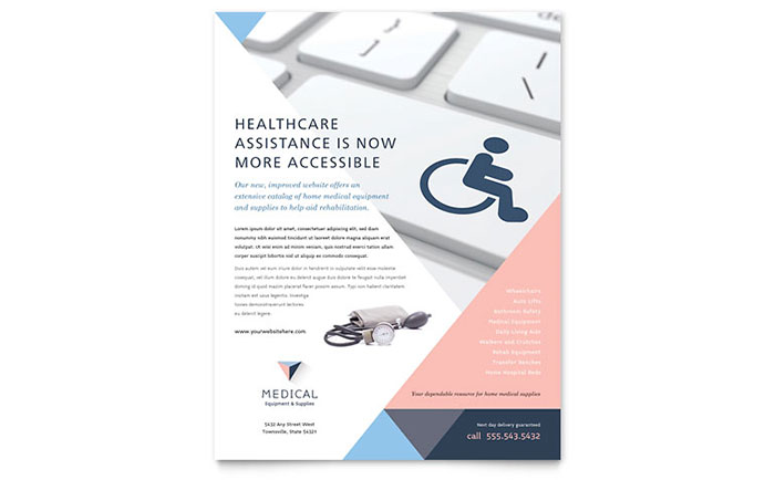 Disability Medical Equipment Flyer Template Design - InDesign, Illustrator, Word, Publisher, Pages, QuarkXPress, CorelDraw