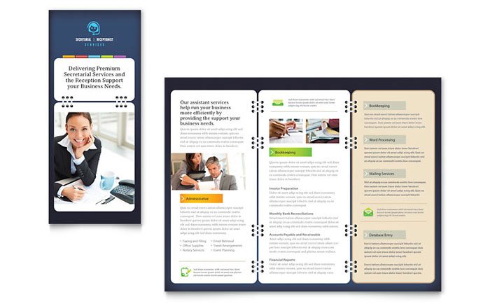 Secretarial Services Tri Fold Brochure Template Design - InDesign, Illustrator, Word, Publisher, Pages, QuarkXPress, CorelDraw