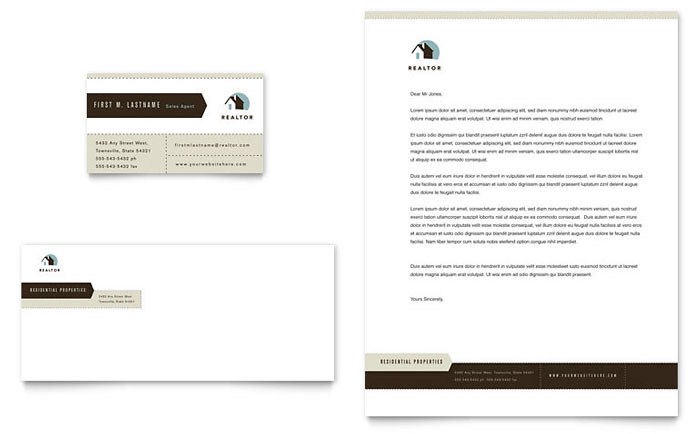 Residential Realtor Business Card & Letterhead Template Design - InDesign, Illustrator, Word, Publisher, Pages, QuarkXPress, CorelDraw