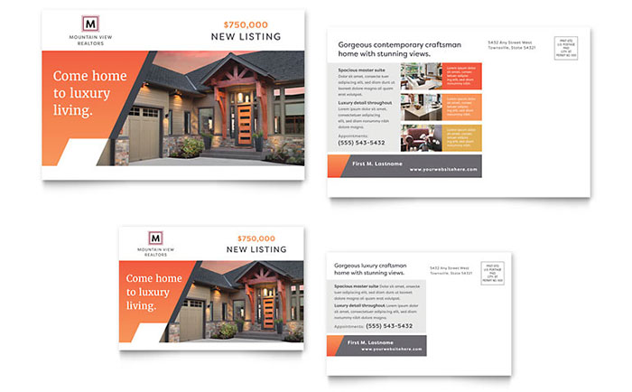 Mountain Real Estate Postcard Template Design - InDesign, Illustrator, Word, Publisher, Pages, QuarkXPress, CorelDraw