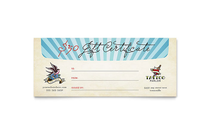 Body Art & Tattoo Artist Gift Certificate Template Design - InDesign, Illustrator, Word, Publisher, Pages, QuarkXPress, CorelDraw