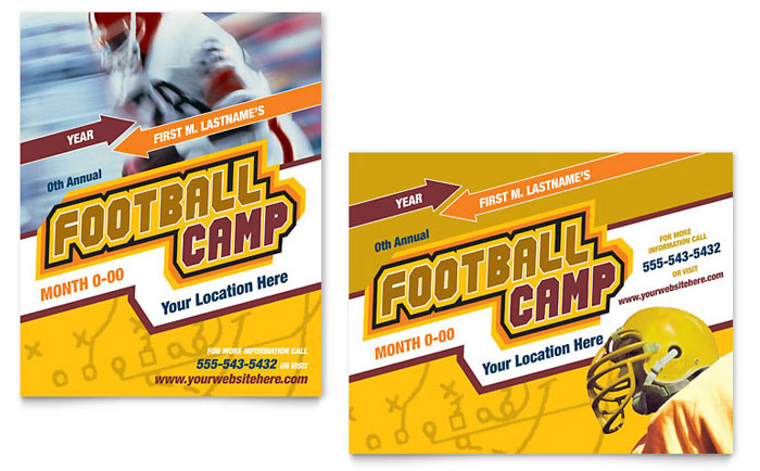 Football Sports Camp Poster Template Design - InDesign, Illustrator, Word, Publisher, Pages, QuarkXPress, CorelDraw