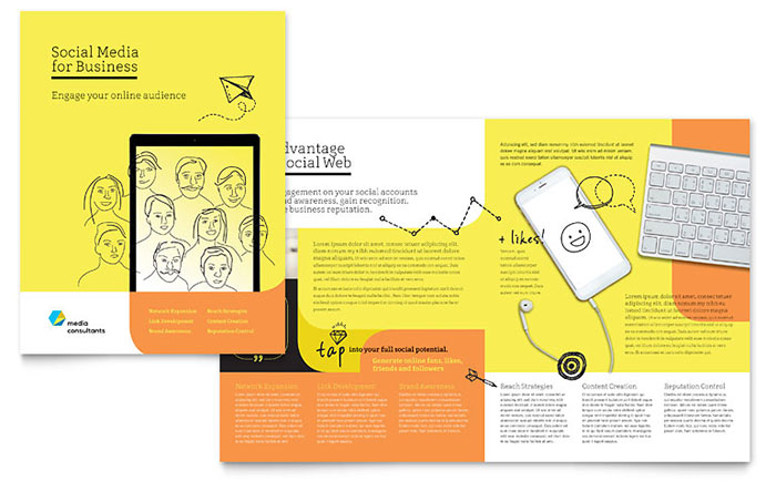 Social Media Consultant Brochure Template Design - InDesign, Illustrator, Word, Publisher, Pages, QuarkXPress, CorelDraw