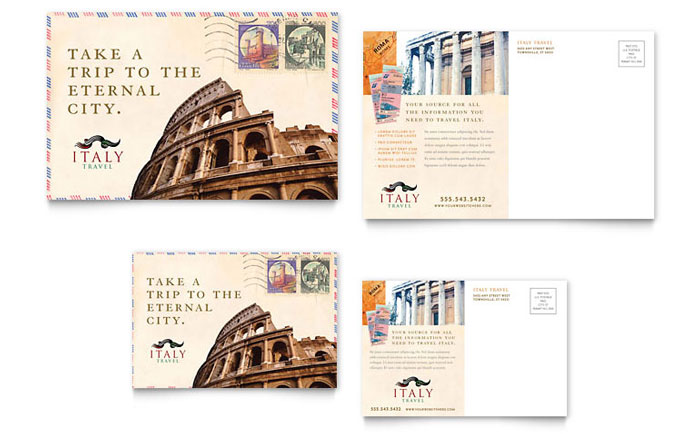 Italy Travel Postcard Template Design - InDesign, Illustrator, Word, Publisher, Pages, QuarkXPress, CorelDraw