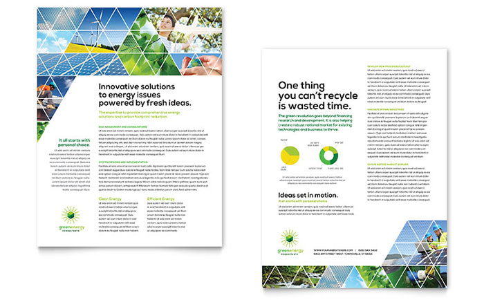 Green Energy Consultant Datasheet Template Design - InDesign, Illustrator, Word, Publisher, Pages, QuarkXPress, CorelDraw