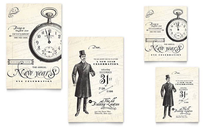 Vintage New Year's Party Note Card Template Design - InDesign, Illustrator, Word, Publisher, Pages, QuarkXPress, CorelDraw