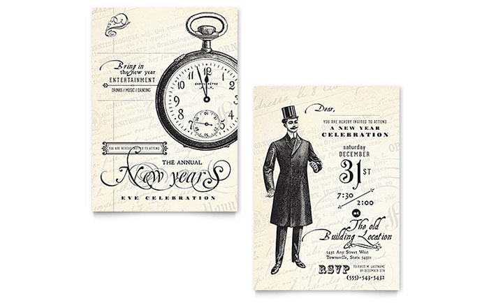 Vintage New Year's Party Invitation Template Design - InDesign, Illustrator, Word, Publisher, Pages, QuarkXPress, CorelDraw