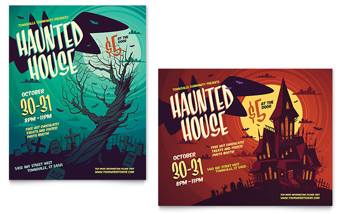 Haunted House Poster Template Design - InDesign, Illustrator, Word, Publisher, Pages, QuarkXPress, CorelDraw